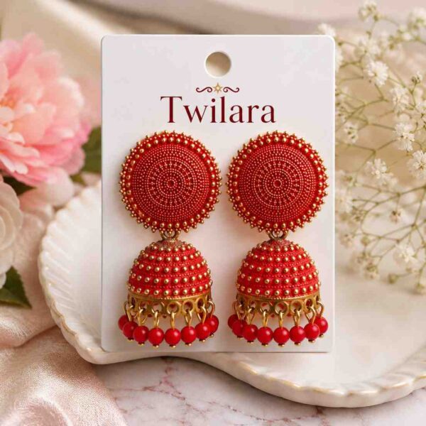 Red Jhumka Earring, Medium Jhumka Earrings, Oxidised Jhumka Earring
